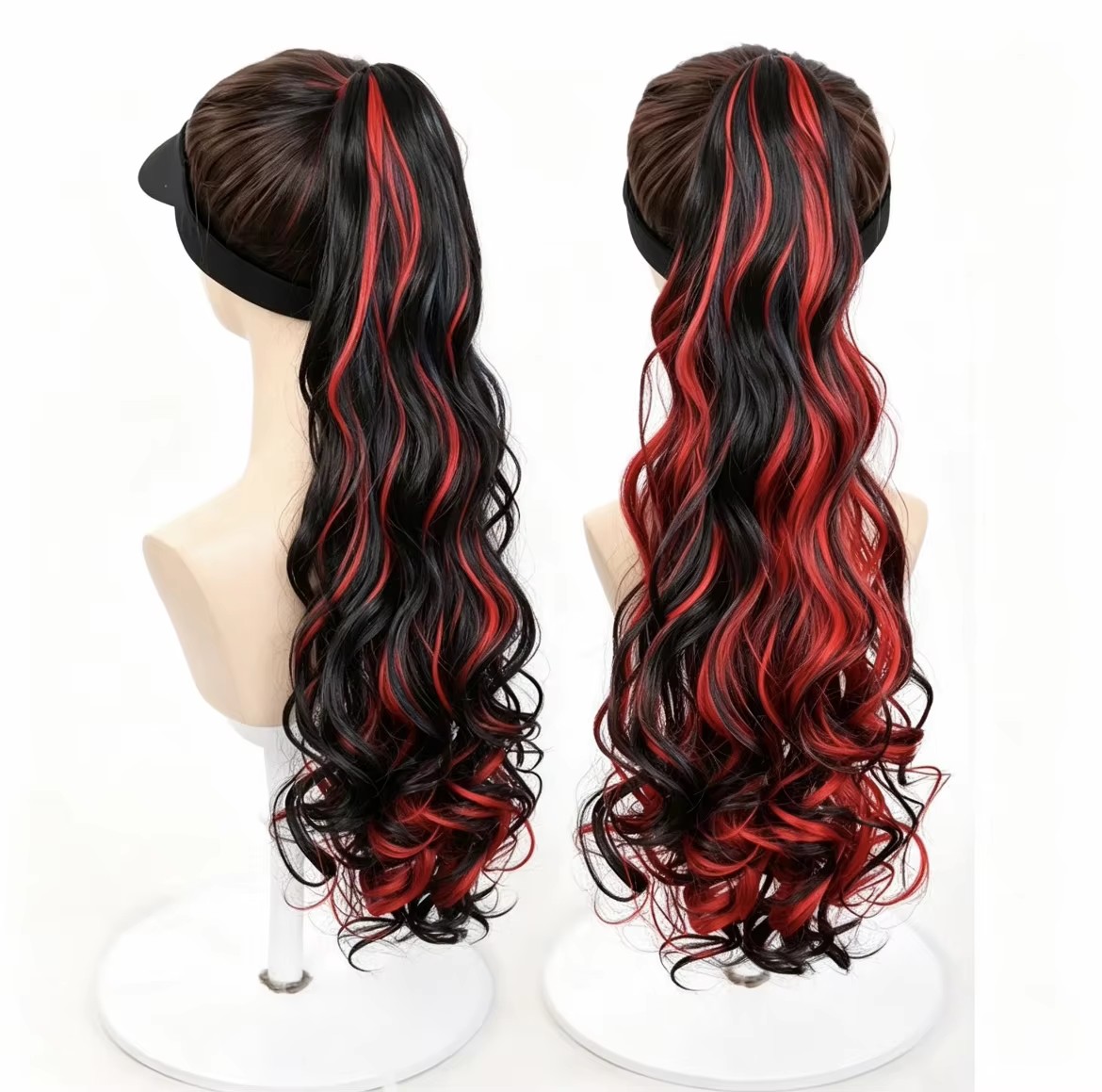 Hair Claw Clip Set - ハイライト入りロングカーリー合成ポニーテールヘアエクステンション、クリップ付き、青と赤のミックスポニーテールヘアピース、ハロウィンコスプレ用