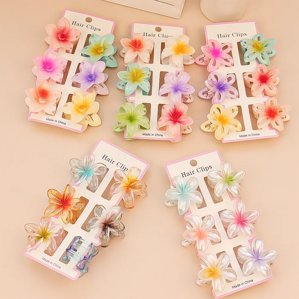 Hair Claw Clip Set - 6 個ファッションカラフルな透明な花小さな髪爪クリップクランプヘアピンバレッタ厚い薄いヘアアクセサリー女性のための