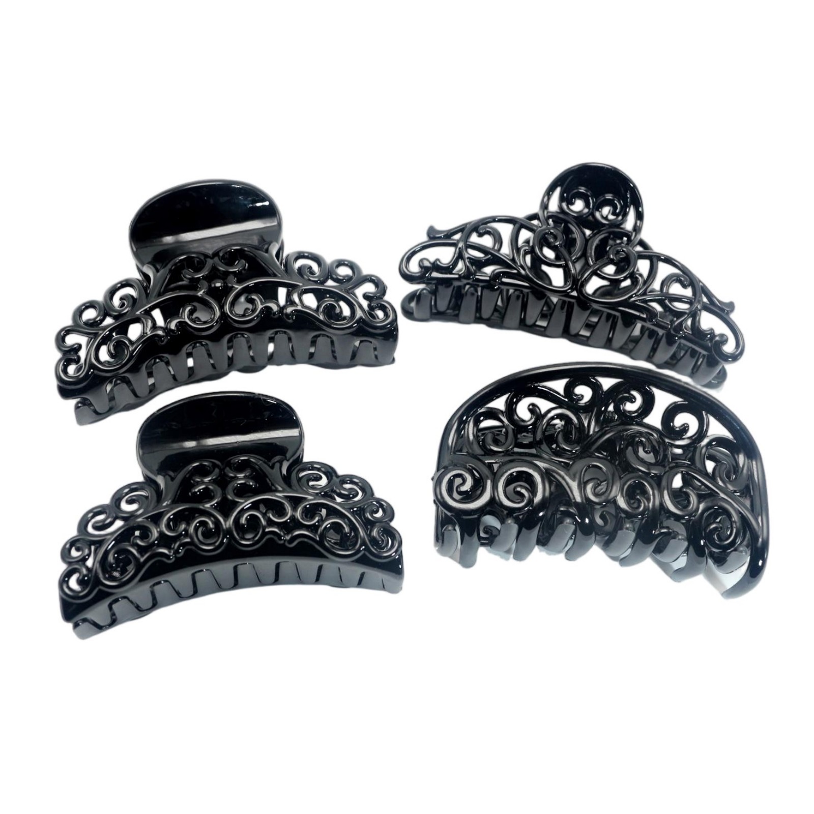 Hair Claw Clip Set - 4 個黒プラスチックヘアクロー詰め合わせ中空花柄サメクリップ大きな顎ヘアクリップ女性のためのファッションヘアアクセサリー