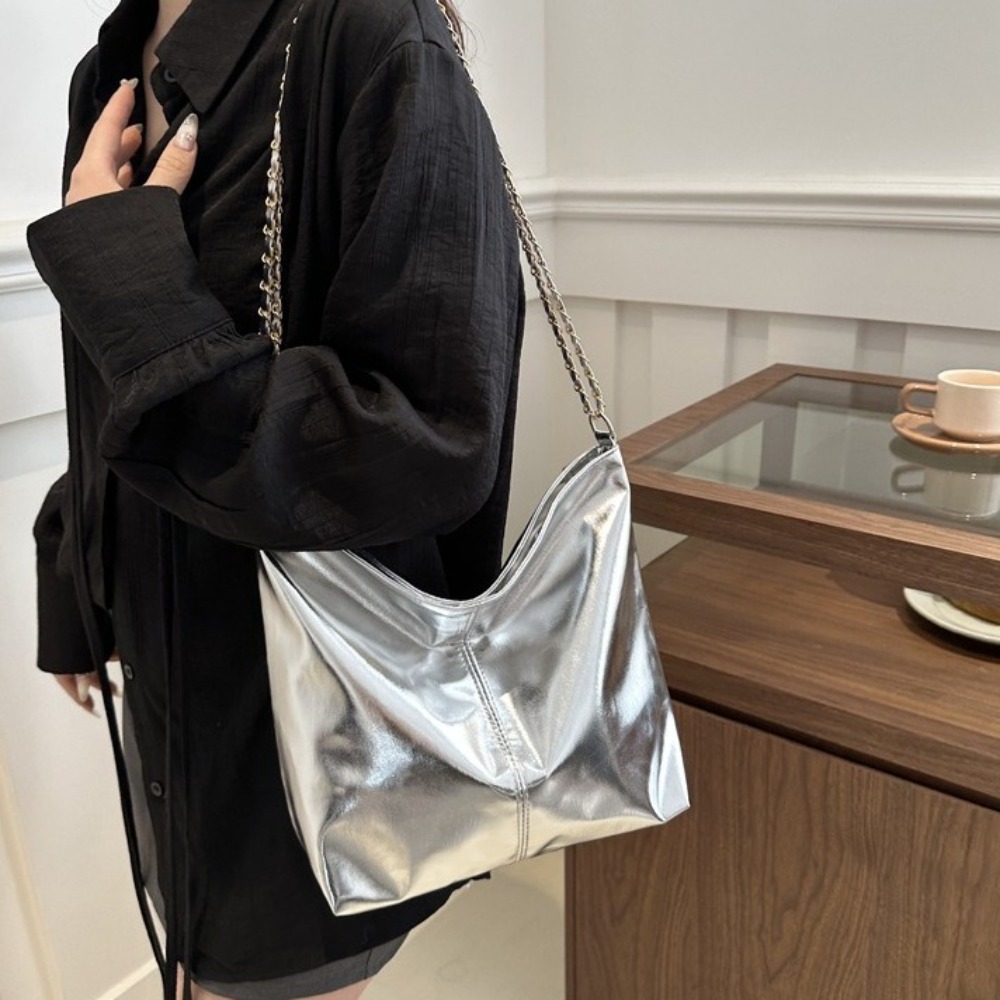 Wallet Chain Bag - レトロ光沢のある PU レザートートバッグ大容量財布チェーンショルダーバッグ無地ショッピングバッグ女性ハンドバッグパーティー