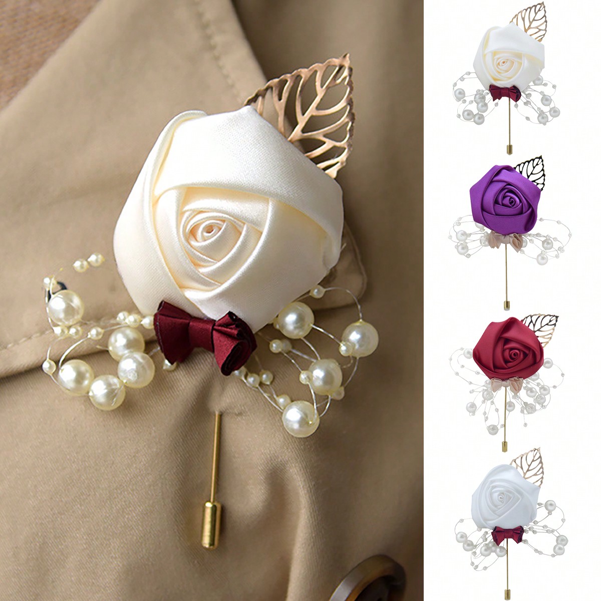 Brooch Pin Gold - 1ピース ウェディング新郎用ローズブートニエール、金箔パール蝶ネクタイ、男女兼用ウェディングブローチフラワー、新郎と花婿の付添人用スーツ装飾アクセサリー、ローズラペルピン、ウェディングホリデーパーティー装飾ラペルピン、スーツラペルピン、ウェルカムラペルフラワー、ウェディングボールディナーデコレーションブートニエール