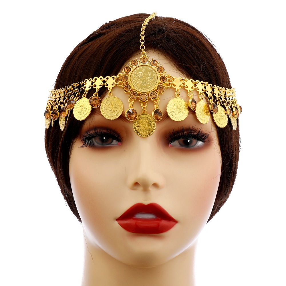 Women Accessories India - オリエンタルブライドラインストーンヘッドチェーン女性のためのゴールドカラー中空フラワークリスタルコインインドヘッドジュエリーウェディングヘアアクセサリー
