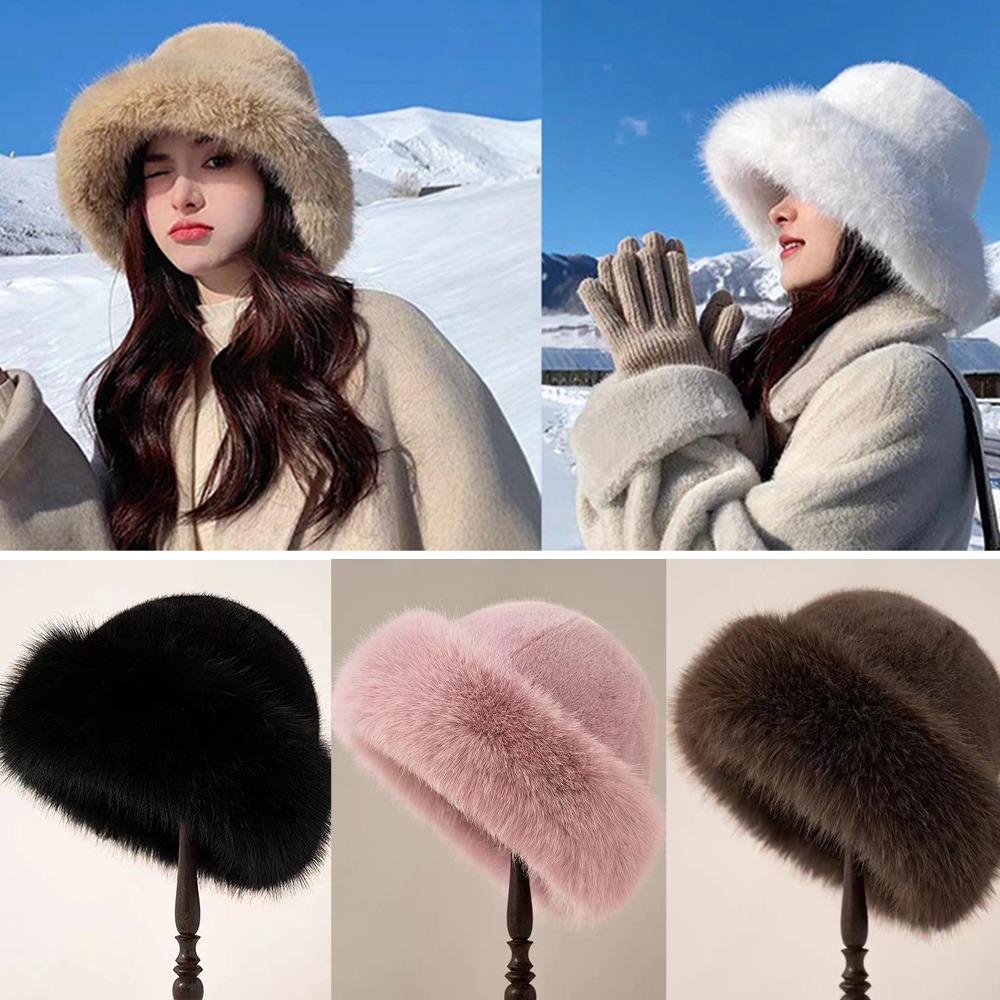 女性のためのふわふわの毛皮のバケツの帽子,厚いパナマキャップ - Women'S Winter Accessories Set のレビューと価格