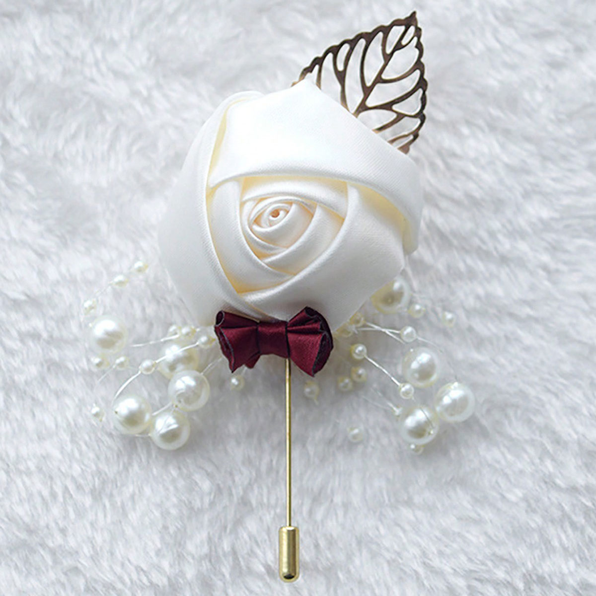 1ピース ウェディング新郎用ローズブートニエール、金箔パール - Brooch Pin Gold のレビューと価格