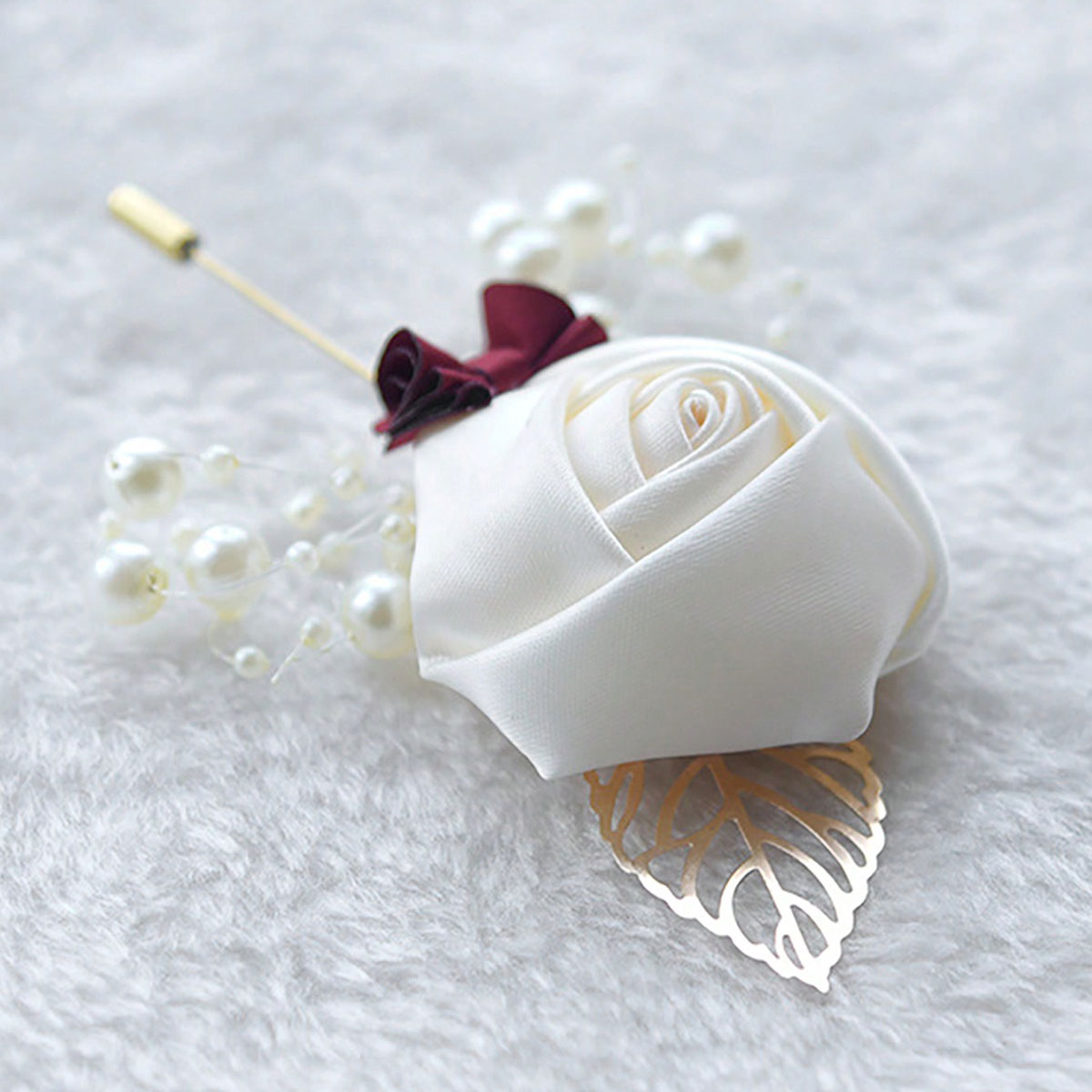 1ピース ウェディング新郎用ローズブートニエール、金箔パール - Brooch Pin Gold のレビューと価格